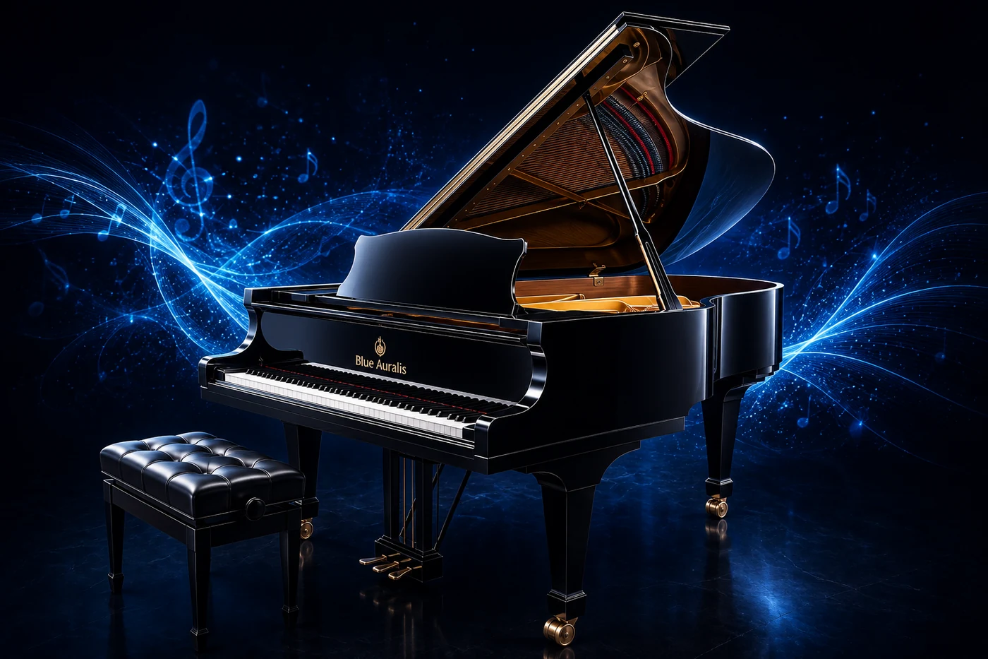 Grand piano illuminated by blue light