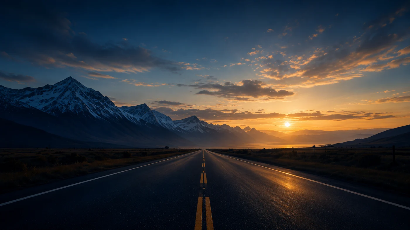 Open road toward mountains at sunset